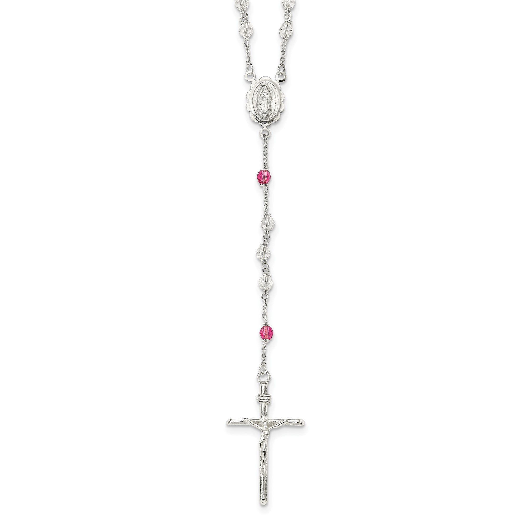 Sterling Silver Polished Crystal Rose Quartz Rosary Cross Necklace, 21.5 Inch