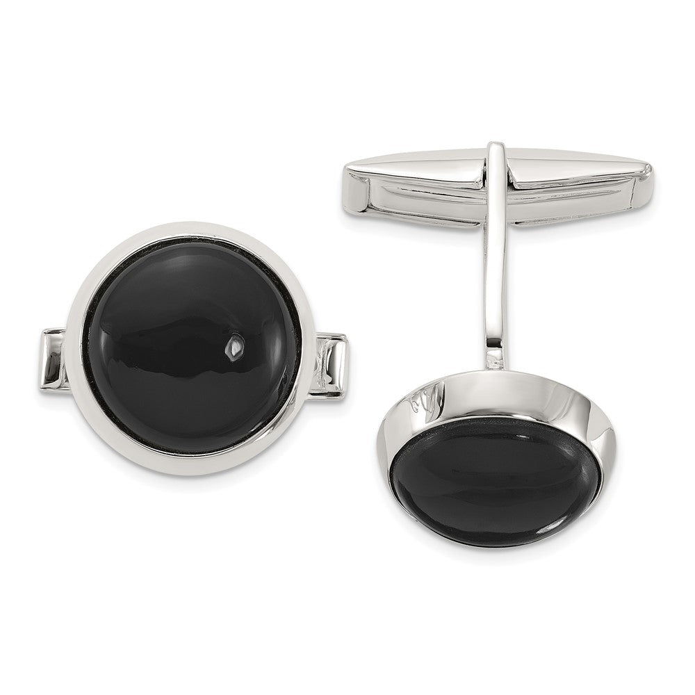 Sterling Silver Polished Round Onyx Cuff Links - JewelryAffairs