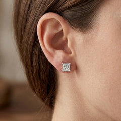 Sterling Silver Rhodium Finish Princess Cut Cubic Zirconia Stud Earring