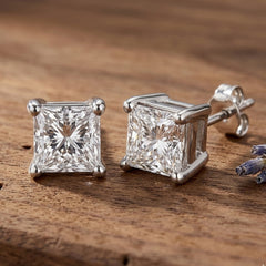 Sterling Silver Rhodium Finish Princess Cut Cubic Zirconia Stud Earring