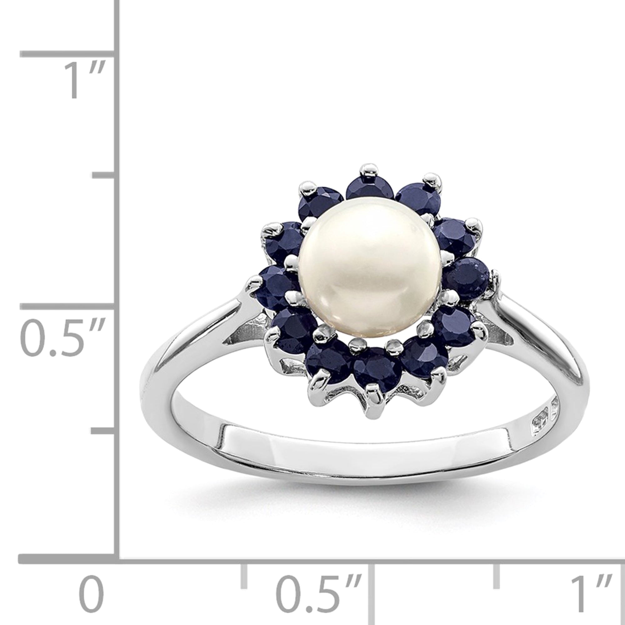 Sterling Silver Rhodium Plated 6mm Pearl and Sapphire Ring