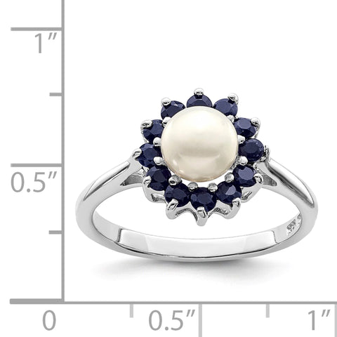 Sterling Silver Rhodium Plated 6mm Pearl and Sapphire Ring