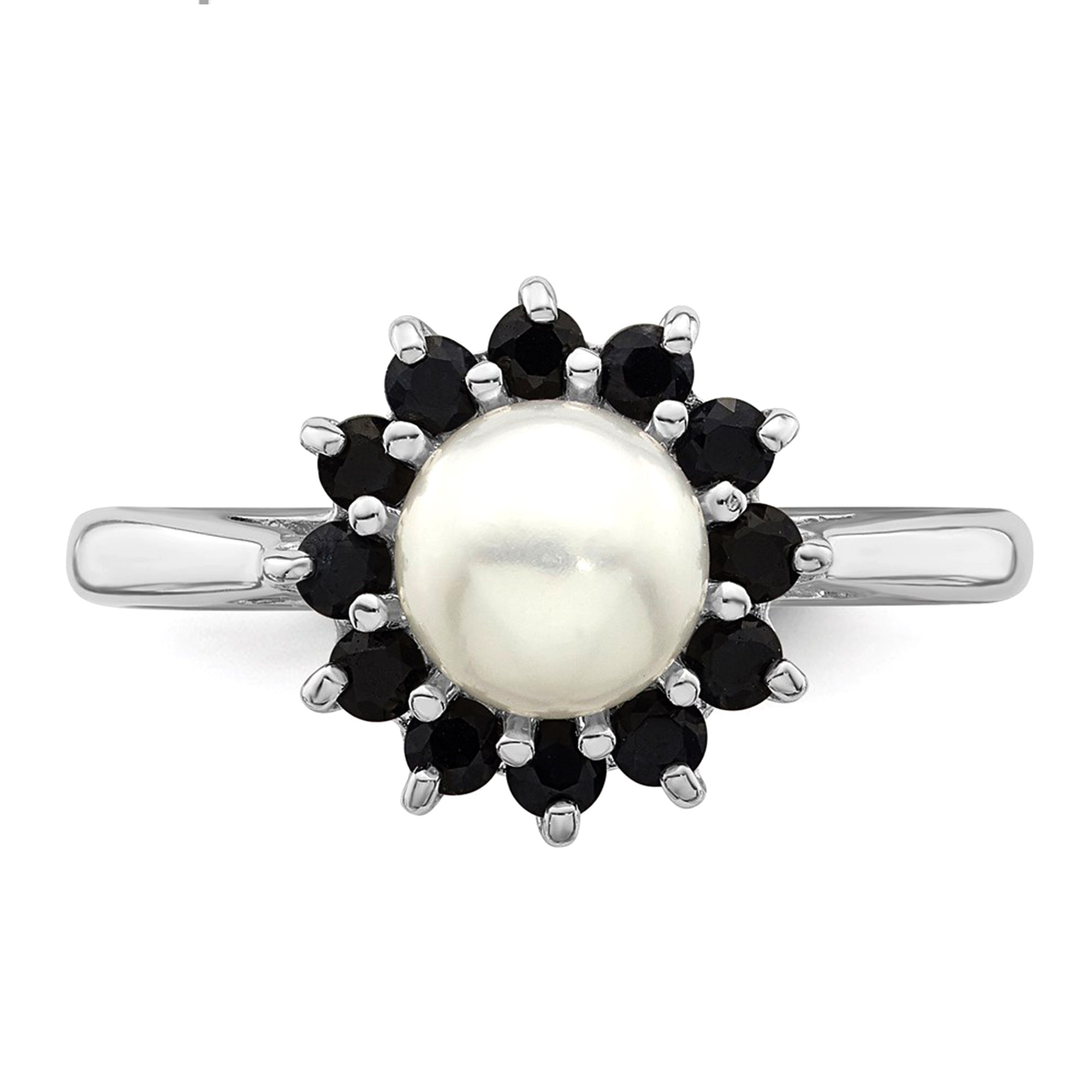Sterling Silver Rhodium Plated 6mm Pearl and Sapphire Ring