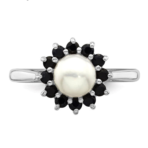 Sterling Silver Rhodium Plated 6mm Pearl and Sapphire Ring