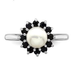 Sterling Silver Rhodium Plated 6mm Pearl and Sapphire Ring