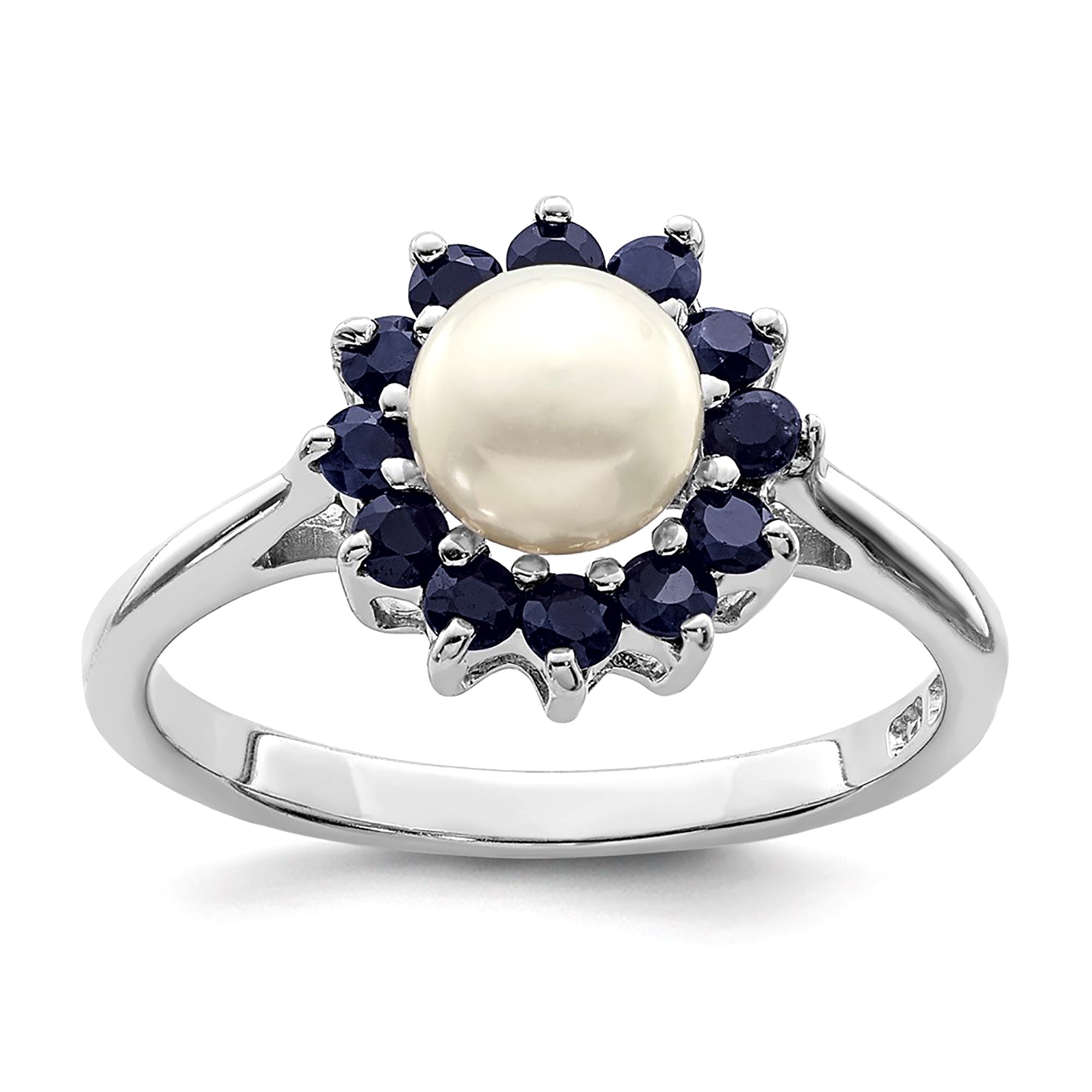 Sterling Silver Rhodium Plated 6mm Pearl and Sapphire Ring