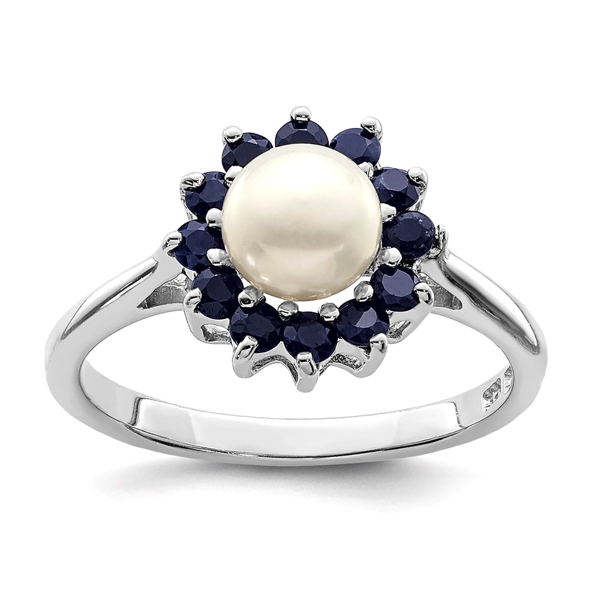 Sterling Silver Rhodium Plated 6mm Pearl and Sapphire Ring