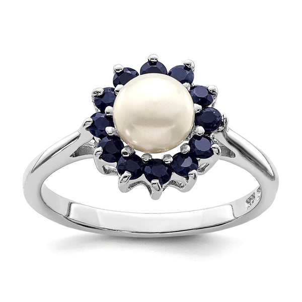 Sterling Silver Rhodium Plated 6mm Pearl and Sapphire Ring