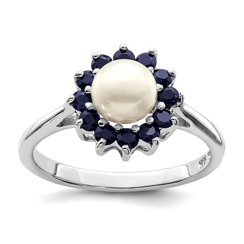 Sterling Silver Rhodium Plated 6mm Pearl and Sapphire Ring