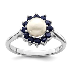 Sterling Silver Rhodium Plated 6mm Pearl and Sapphire Ring