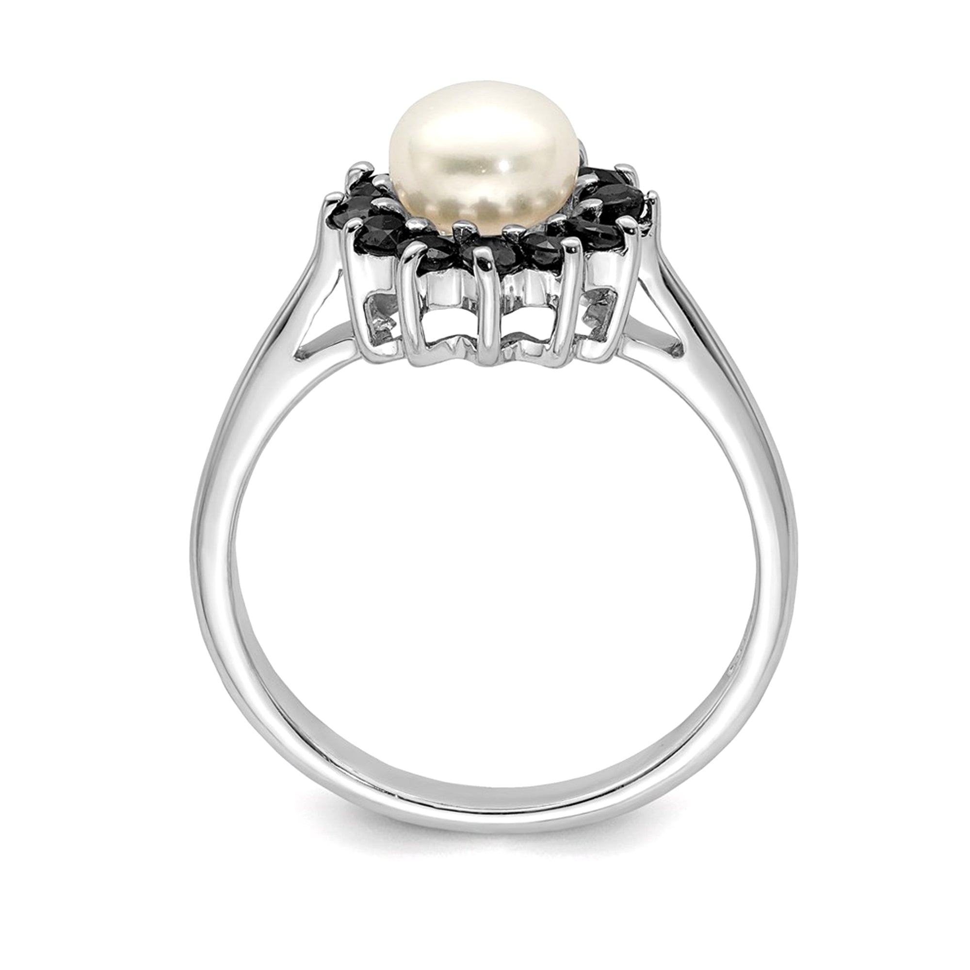Sterling Silver Rhodium Plated 6mm Pearl and Sapphire Ring