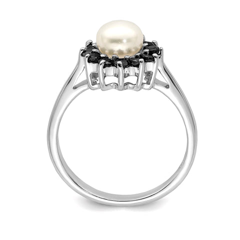 Sterling Silver Rhodium Plated 6mm Pearl and Sapphire Ring