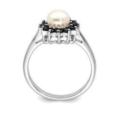 Sterling Silver Rhodium Plated 6mm Pearl and Sapphire Ring