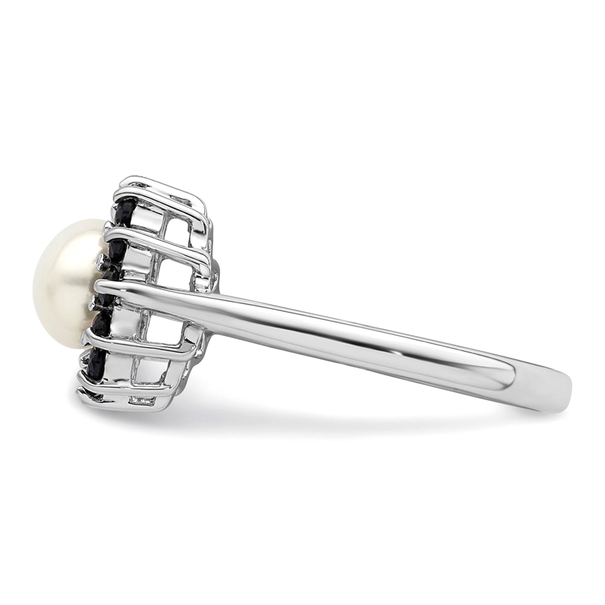 Sterling Silver Rhodium Plated 6mm Pearl and Sapphire Ring