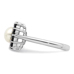 Sterling Silver Rhodium Plated 6mm Pearl and Sapphire Ring