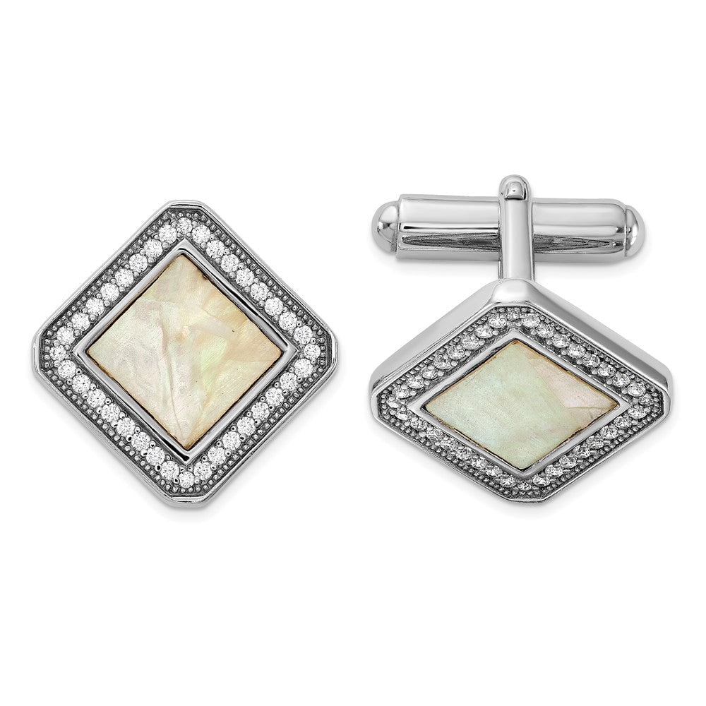 Sterling Silver Rhodium - plated CZ and Mother of Pearl Square Cuff Links - JewelryAffairs