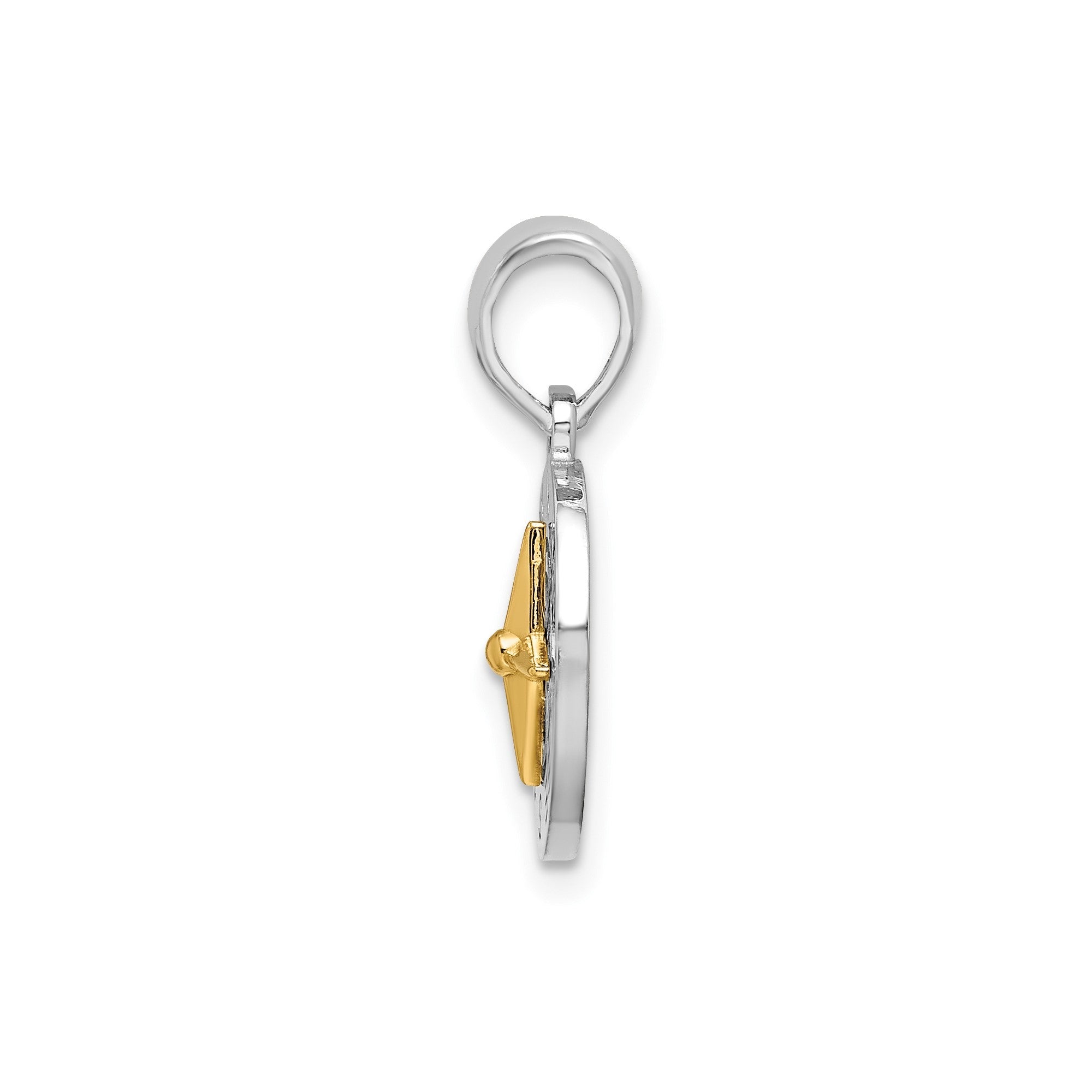 Sterling Silver Rhodium-Plated Polished Mini Compass with 14k Needle Pendant