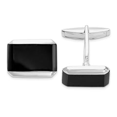 Sterling Silver Rhodium - plated Rectangle Onyx Cuff Links - JewelryAffairs