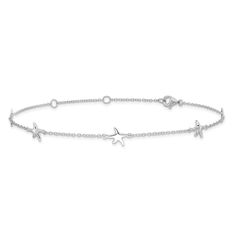 Sterling Silver Rhodium-Plated Starfish Anklet, 9 Inch with 2 Inch Extender, Total 11 Inch