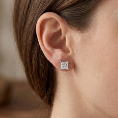 Sterling Silver Rhodium Finish Princess Cut Cubic Zirconia Stud Earring