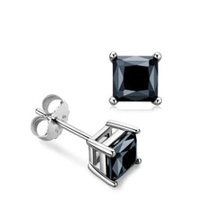 Sterling Silver Rhodium Finish Princess Cut Black Cubic Zirconia Stud Earring