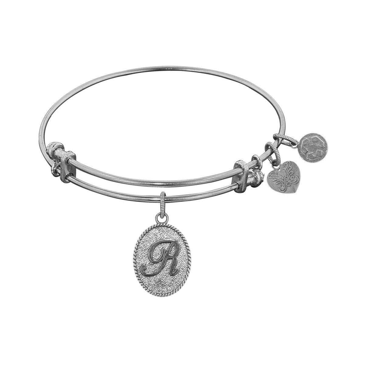 White Brass Initial Letter R Adjustable Bangle Bracelet, 7.25