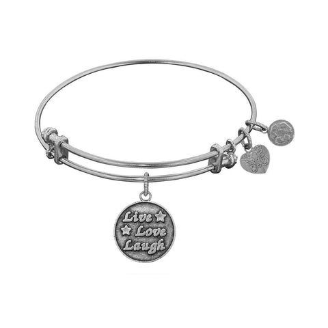 White Finish Brass Live, Love, Laugh Adjustable Bangle Bracelet, 7.25