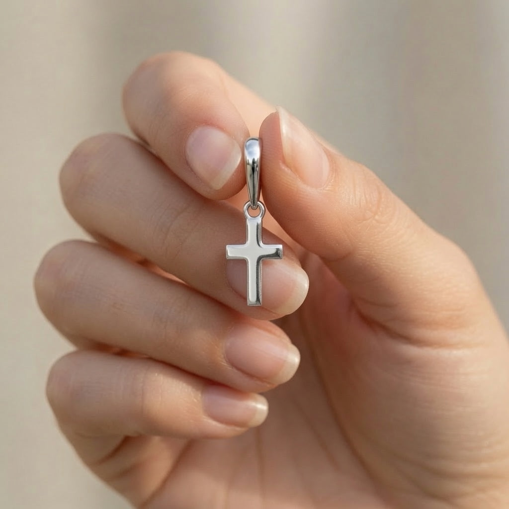 14K Real White Gold Small Cross Pendant, 16x7mm