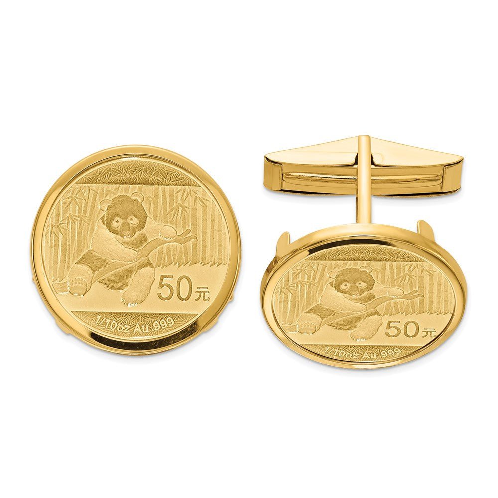 Wideband Distinguished Coin Jewelry 14k Real Gold Men's Polished Classic Mounted 1/10oz Panda Coin Bezel Cuff Links - JewelryAffairs