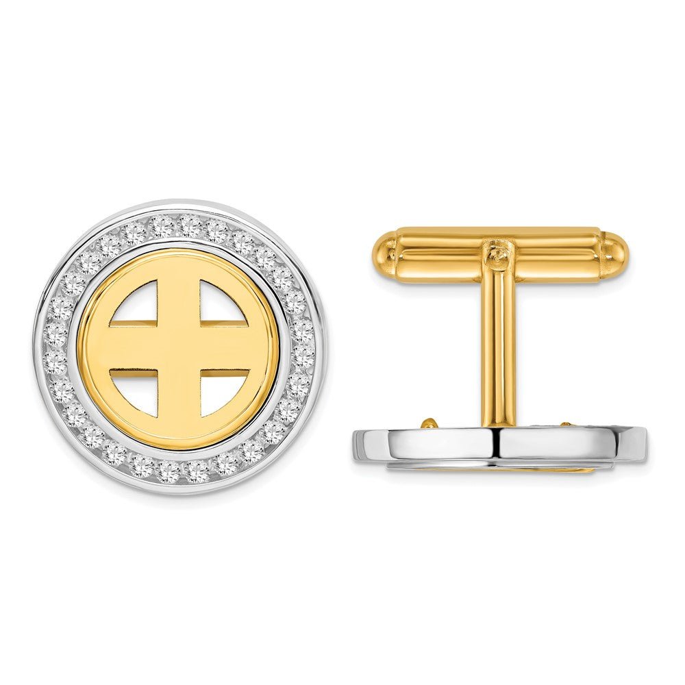 Wideband Distinguished Coin Jewelry 14k Real Gold Two - tone Men's Polished Channel Set AA Diamond 13.0mm Coin Bezel Cuff Links - JewelryAffairs