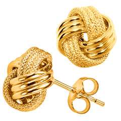 10 k gult guld glänsande och texturerat Triple Love Knot Stud örhängen, 9 mm fina designersmycken för män och kvinnor