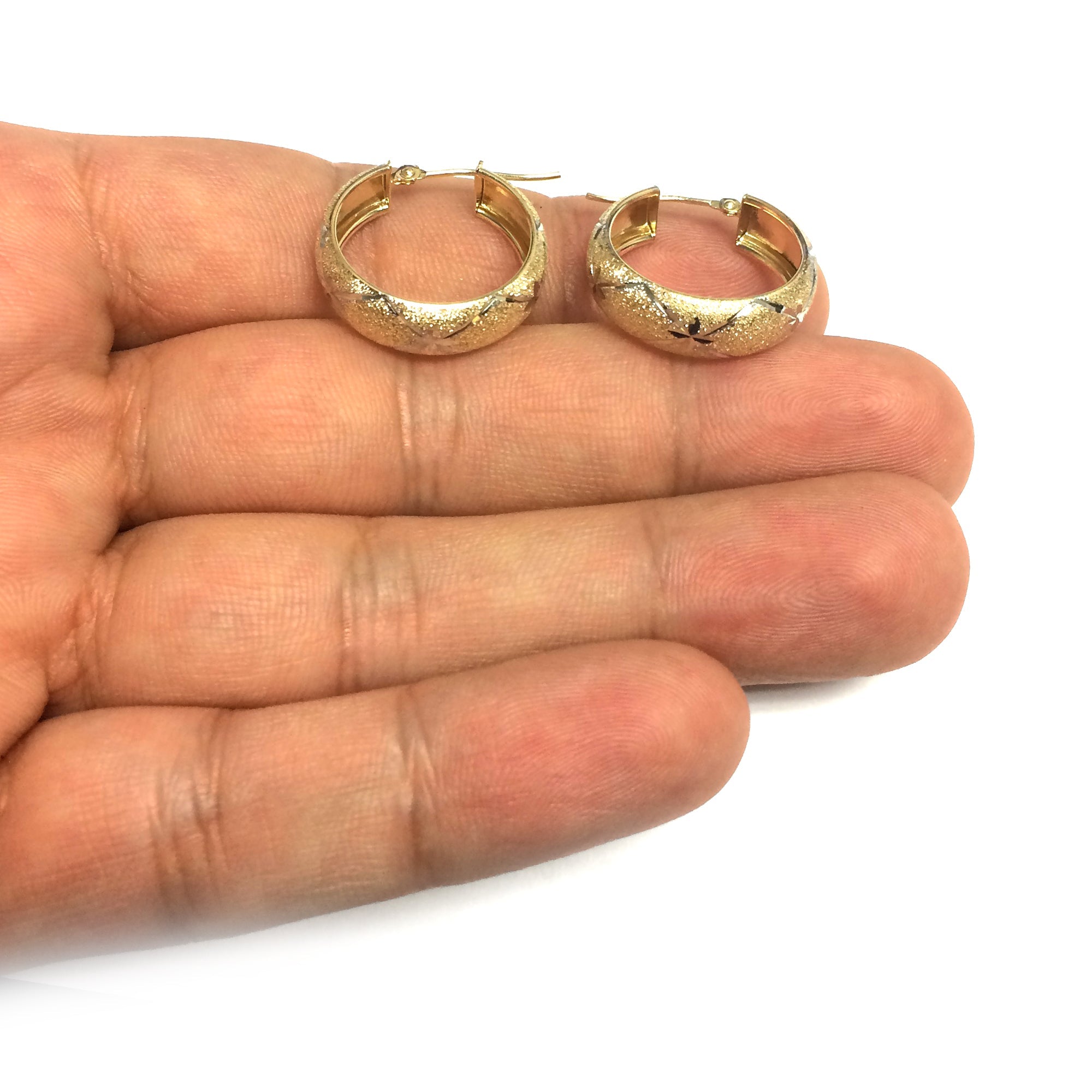 10k 2 Tone White And Yellow Gold Diamond Cut Textured Round Hoop Earrings, Diameter 22mm