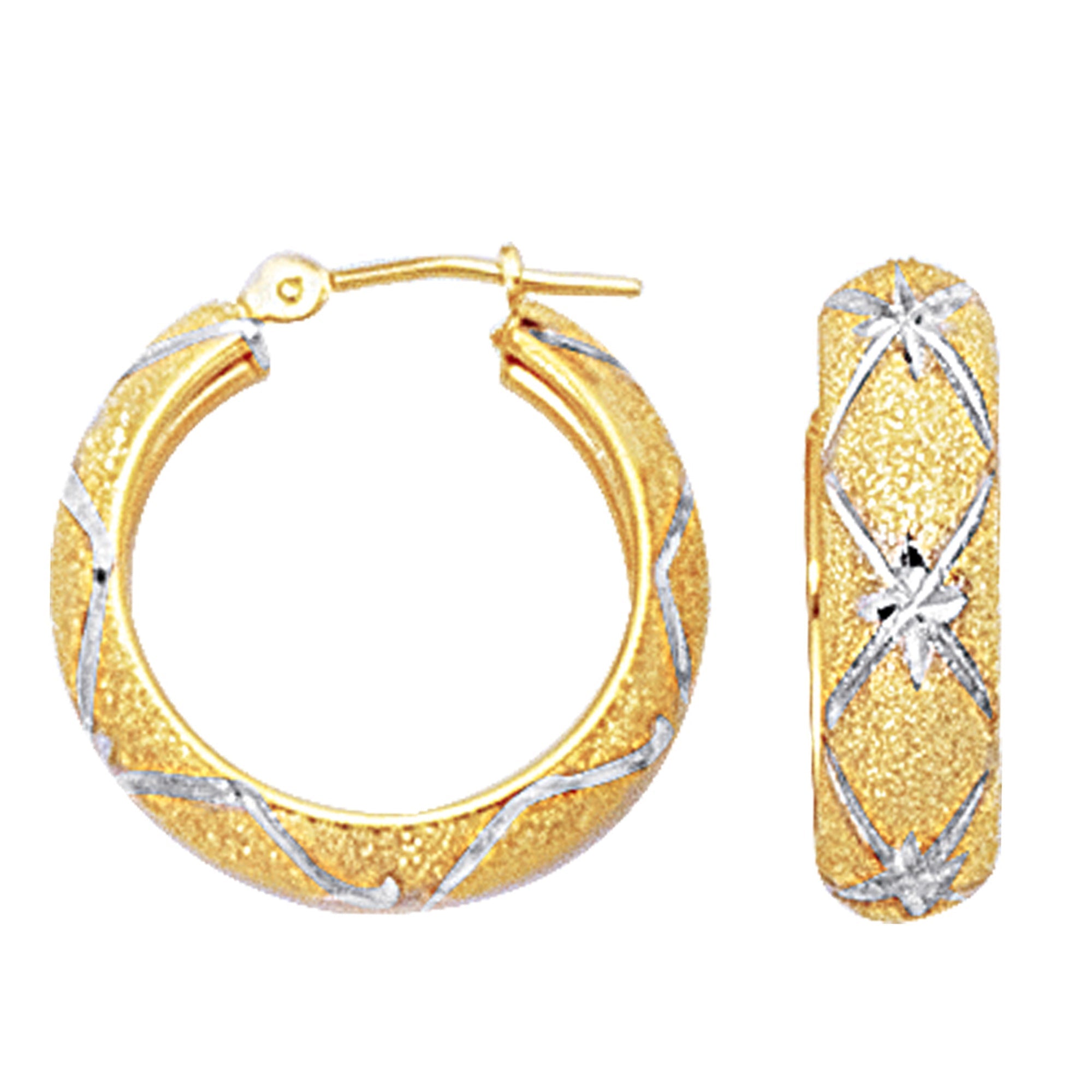 10k 2 Tone White And Yellow Gold Diamond Cut Textured Round Hoop Earrings, Diameter 22mm