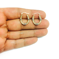 10k 2 Tone White And Yellow Gold Swirl Texture Oval Hoop Earrings, Diameter 20mm