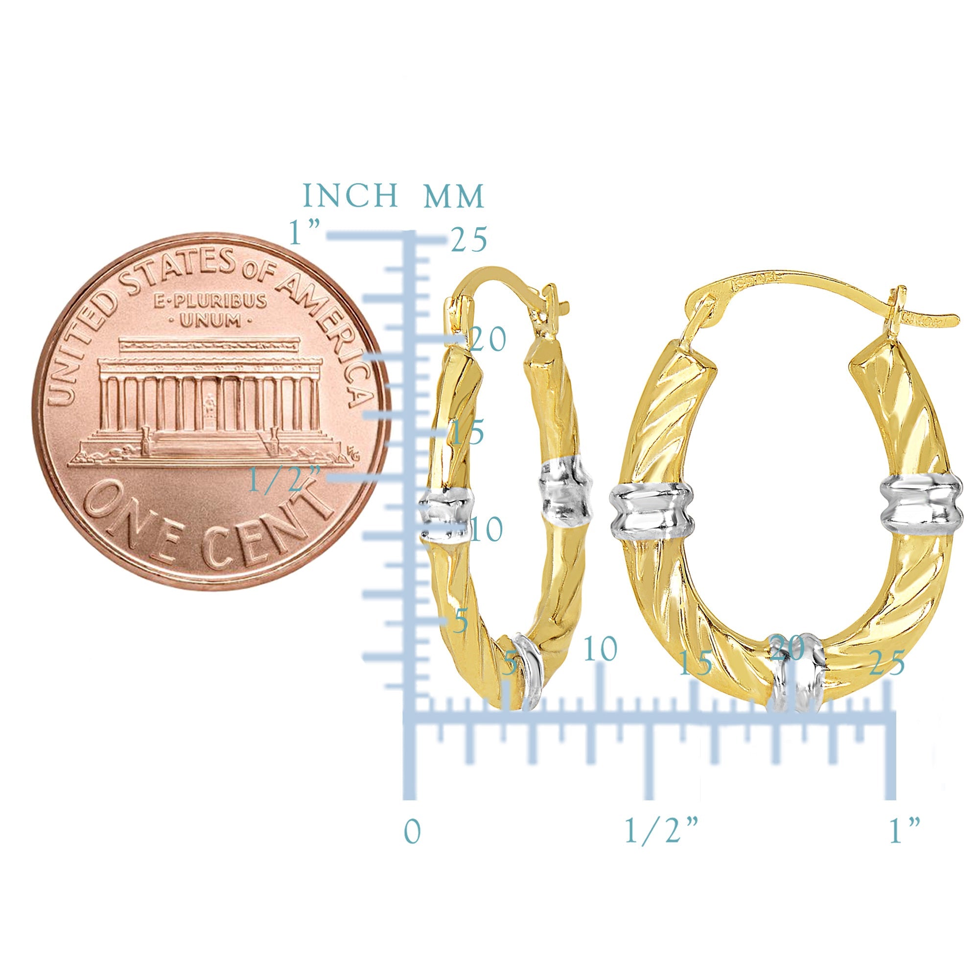10k 2 Tone White And Yellow Gold Swirl Texture Oval Hoop Earrings, Diameter 20mm