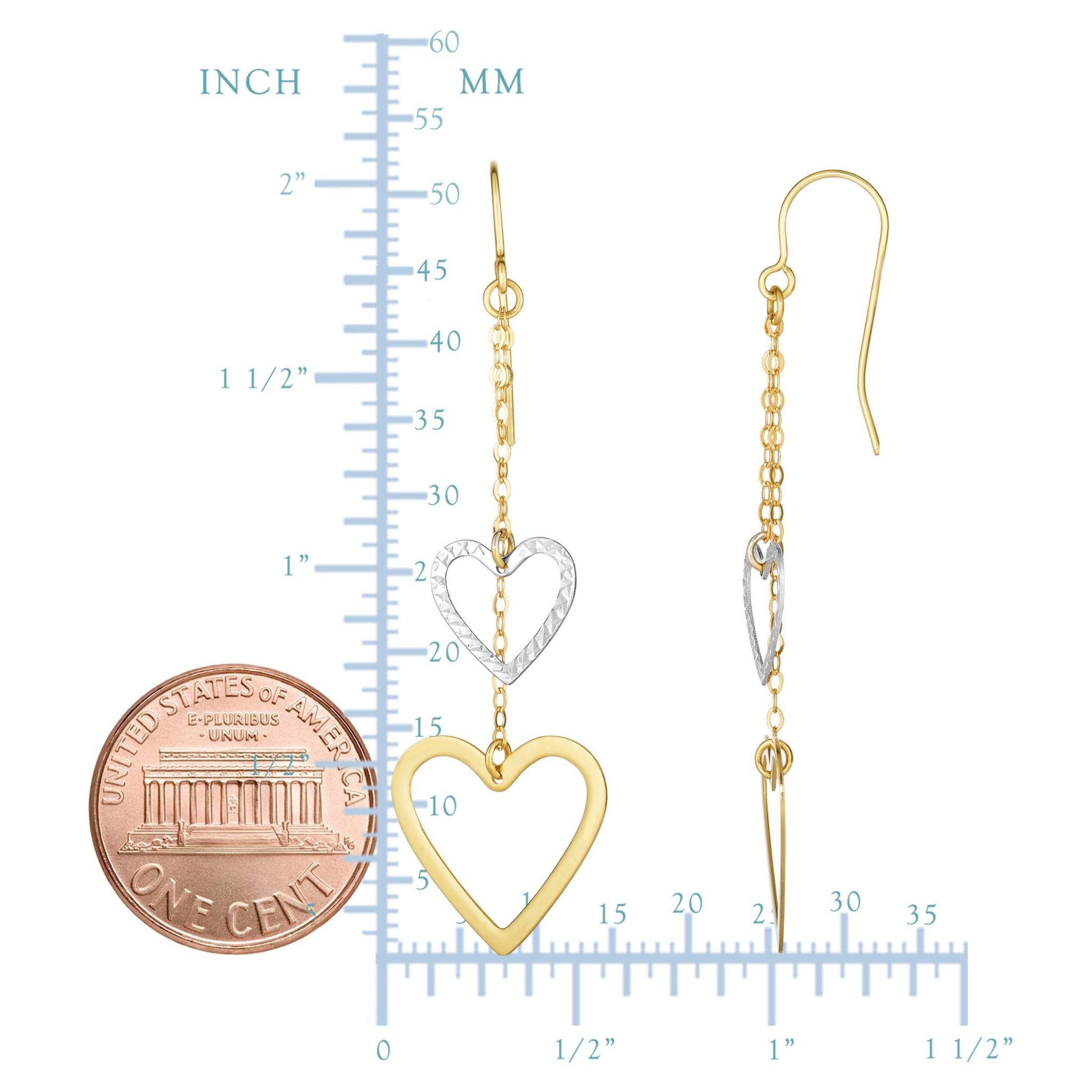 10K White And Yellow Gold Diamond Cut Heart Double Strand Drop Earrings - JewelryAffairs