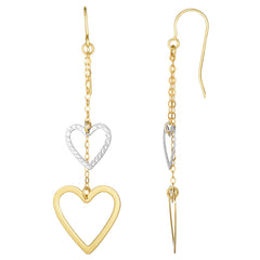 10K White And Yellow Gold Diamond Cut Heart Double Strand Drop Earrings - JewelryAffairs