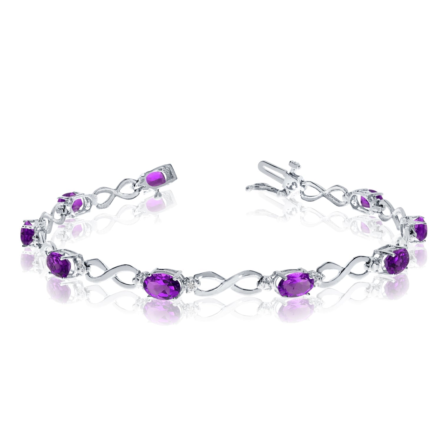 10K White Gold Oval Amethyst Stones And Diamonds Infinity Tennis Bracelet, 7" - JewelryAffairs
