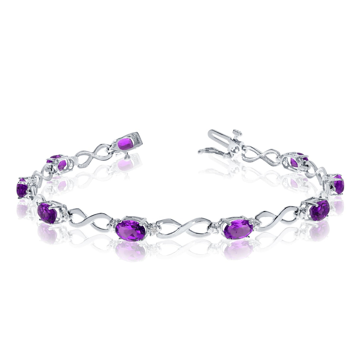 10K White Gold Oval Amethyst Stones And Diamonds Infinity Tennis Bracelet, 7" - JewelryAffairs