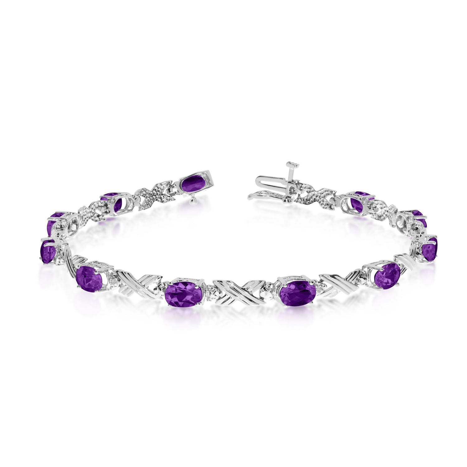 10K White Gold Oval Amethyst Stones And Diamonds Tennis Bracelet, 7"