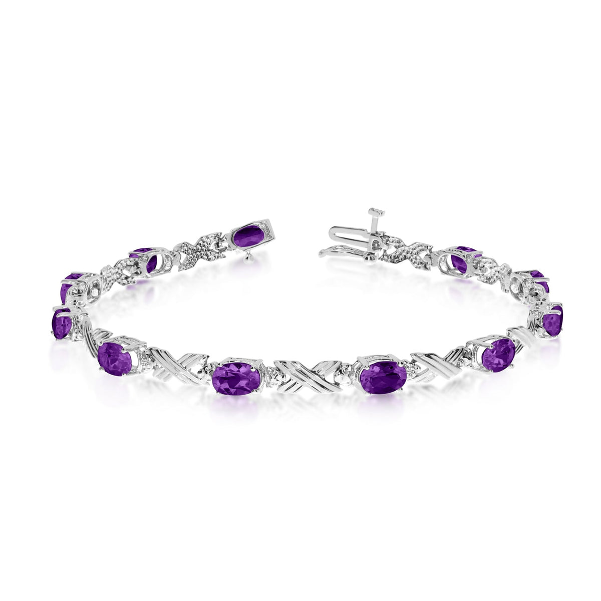 10K White Gold Oval Amethyst Stones And Diamonds Tennis Bracelet, 7"