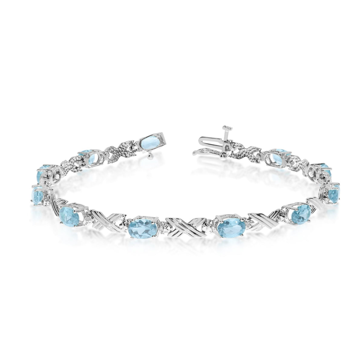 10K White Gold Oval Aquamarine Stones And Diamonds Tennis Bracelet, 7" - JewelryAffairs