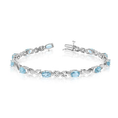 10K White Gold Oval Aquamarine Stones And Diamonds Tennis Bracelet, 7" - JewelryAffairs