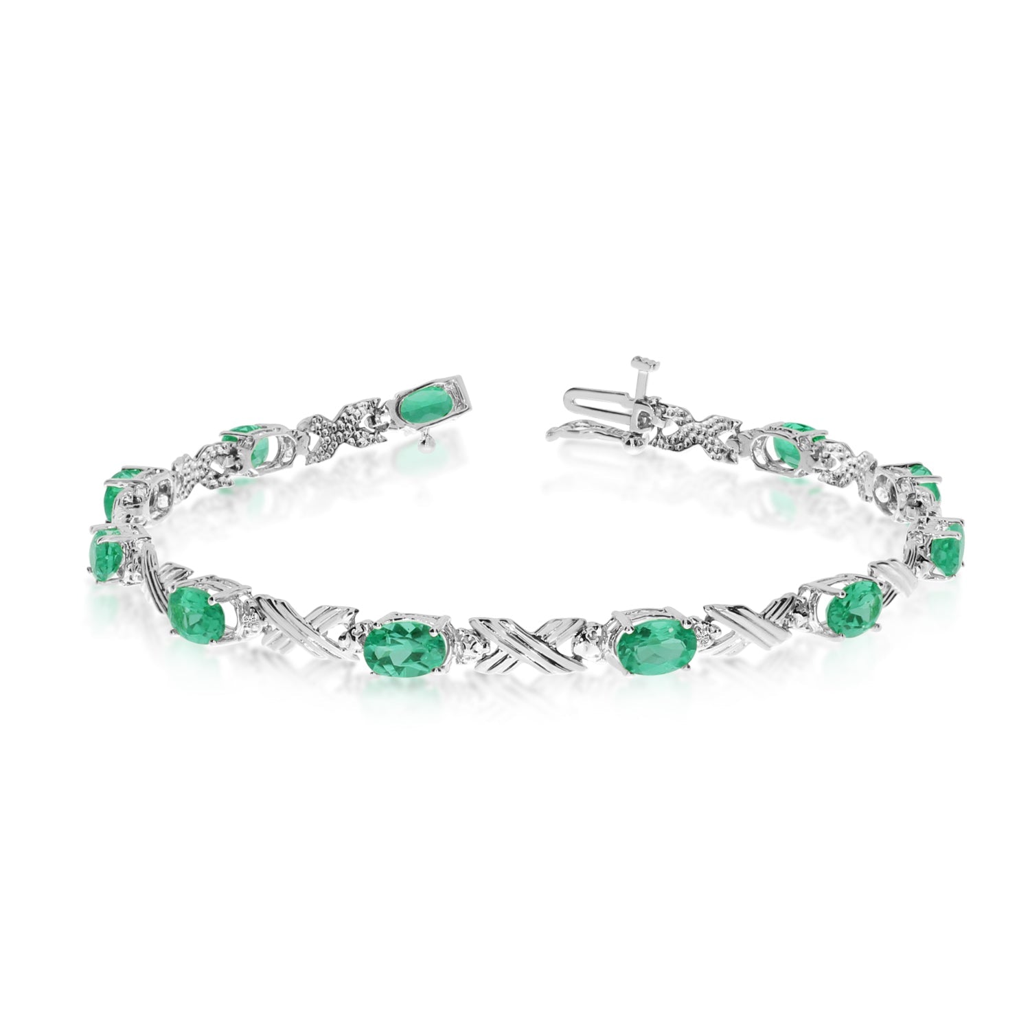 10K White Gold Oval Emerald Stones And Diamonds Tennis Bracelet, 7" - JewelryAffairs