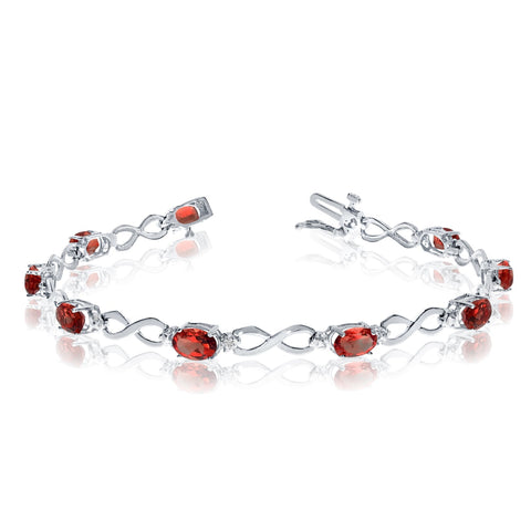 10K White Gold Oval Garnet Stones And Diamonds Infinity Tennis Bracelet, 7"