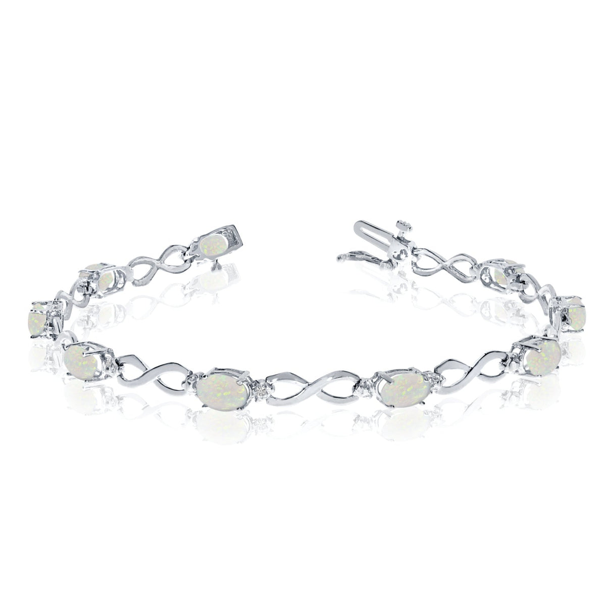 10K White Gold Oval Opal Stones And Diamonds Infinity Tennis Bracelet, 7" - JewelryAffairs