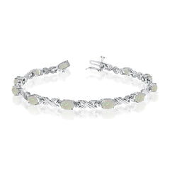10K White Gold Oval Opal Stones And Diamonds Tennis Bracelet, 7" - JewelryAffairs