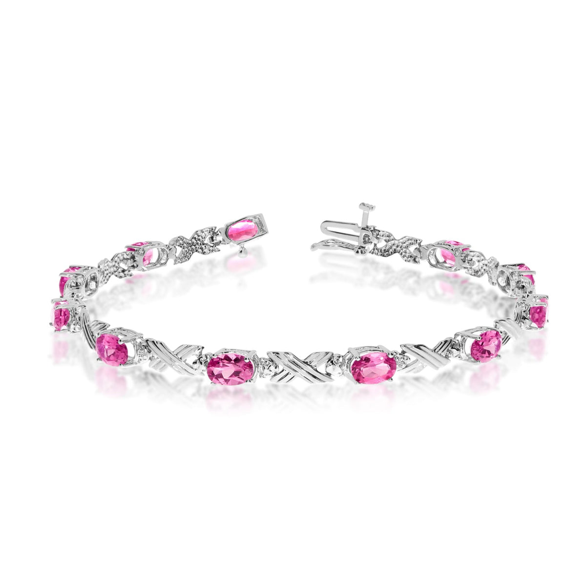 10K White Gold Oval Pink Topaz Stones And Diamonds Tennis Bracelet, 7" - JewelryAffairs