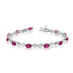 10K White Gold Oval Ruby Stones And Diamonds Tennis Bracelet, 7" - JewelryAffairs