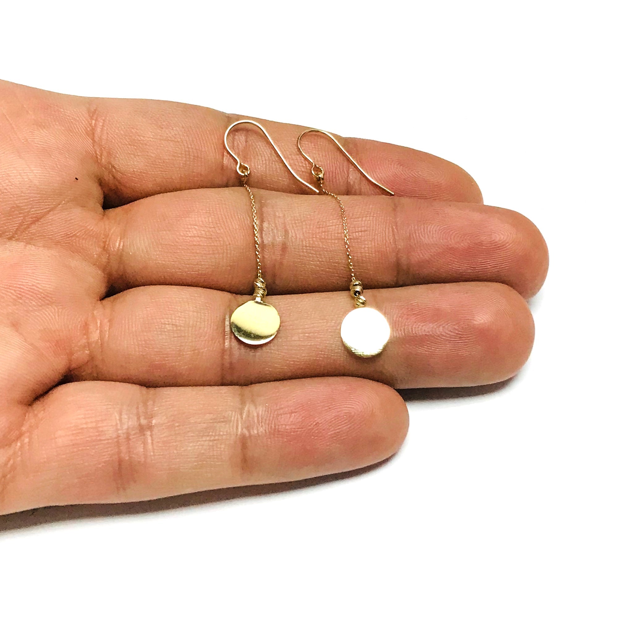 10K Yellow Gold Diamond Cut Bead With Flat Shiny Disc Drop Earrings